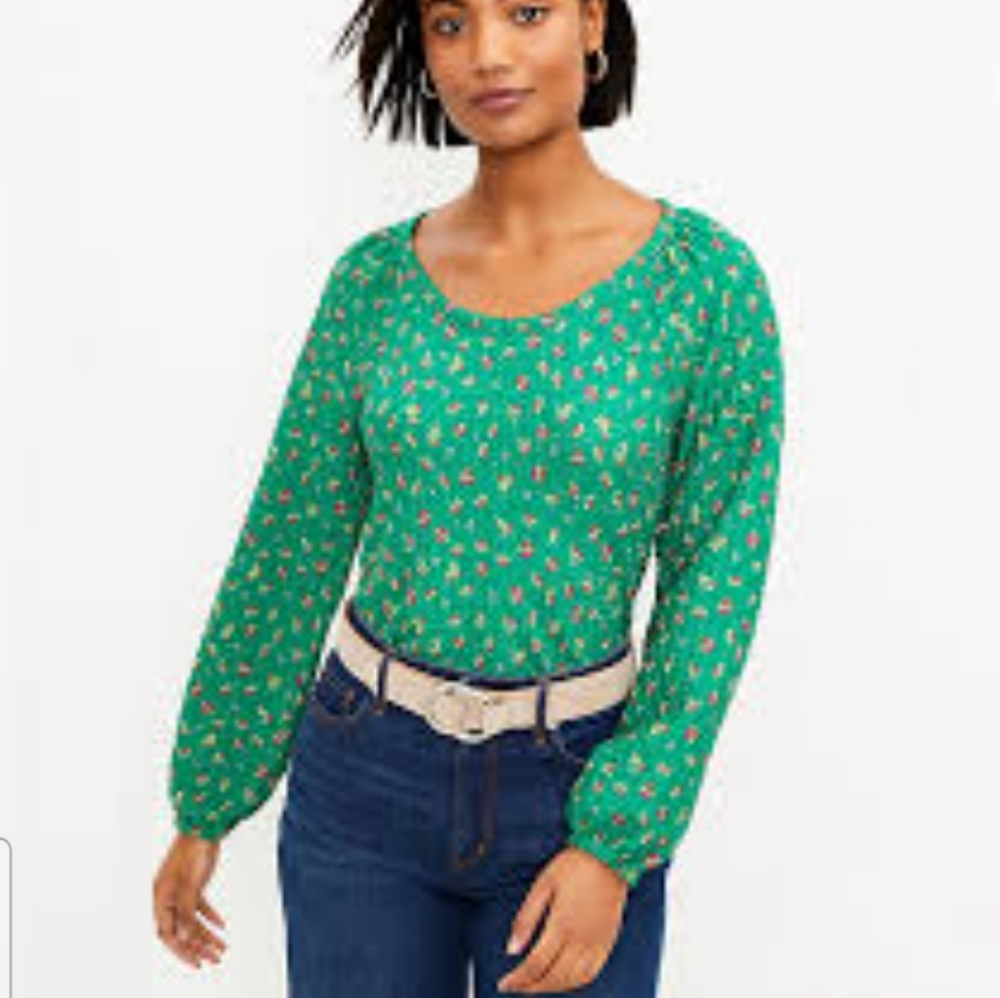 Ann Taylor LOFT Floral Draped Sleeve Kelly Green Floral Size XL